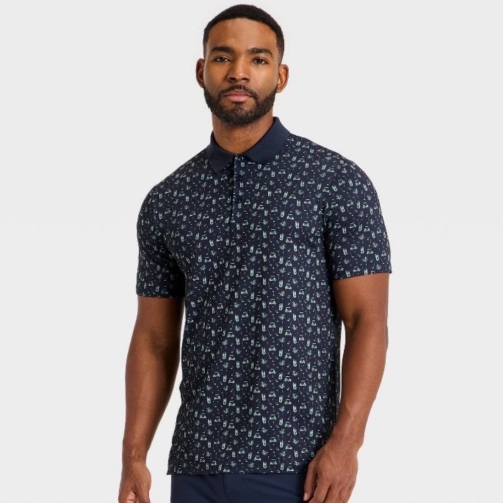 All in Motion Mens Textured Golf Polo Shirt Navy Blue Golf Cart Cactus Print XL